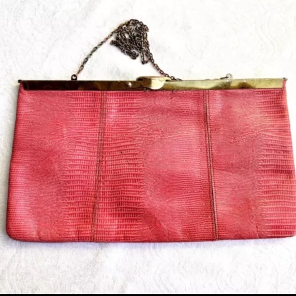 Vintage Mid Century Leather Pink Shoulder Clutch Snakeskin Pattern - Picture 2 of 8